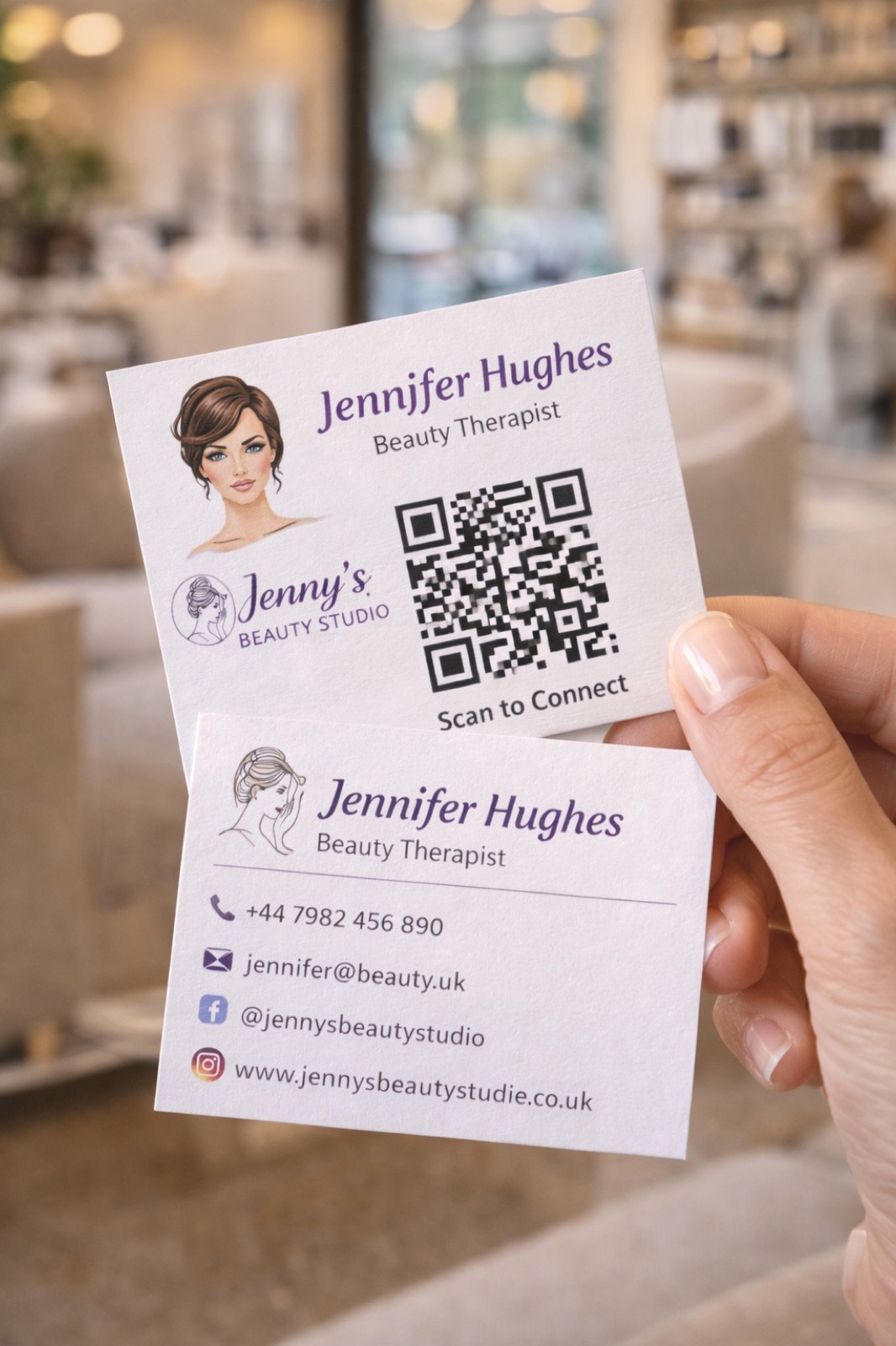 A hand holding two beauty therapist business cards, one showing a scan to connect QR code.