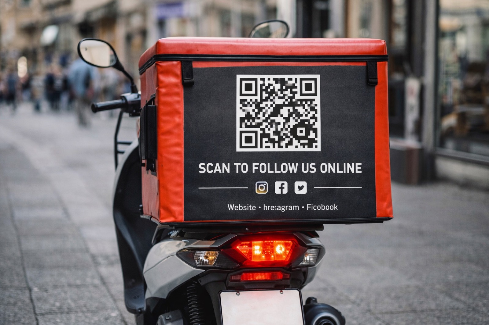 A red delivery scooter parked on a street, a QR code on the back of its box with scan to follow us online.