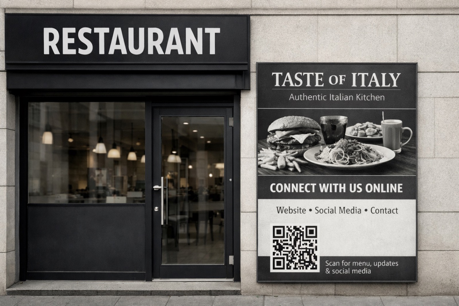 A restaurant front with a menu board beside the door, carrying a QR code and the words connect with us online.