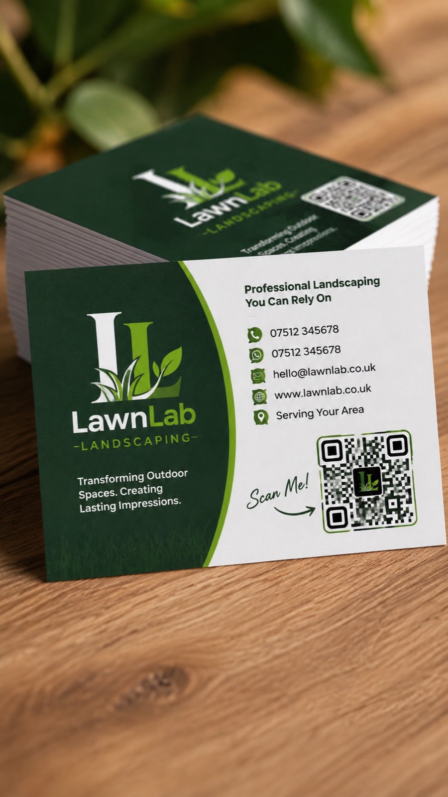 A stack of landscaping business cards on a wooden table, a QR code beside the phone number and email.