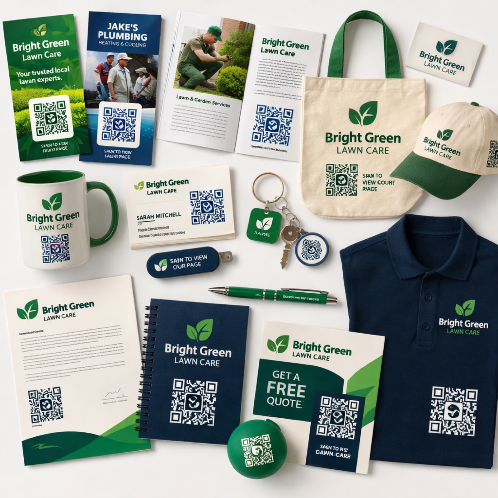 Printed items laid out flat: brochures, letterheads, a notebook, a mug, a cap, a polo shirt and a tote bag, each carrying the same QR code.