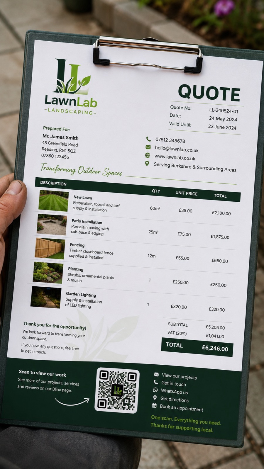 A landscaping quote on a clipboard, itemised and totalled, with a QR code at the foot to view the work online.