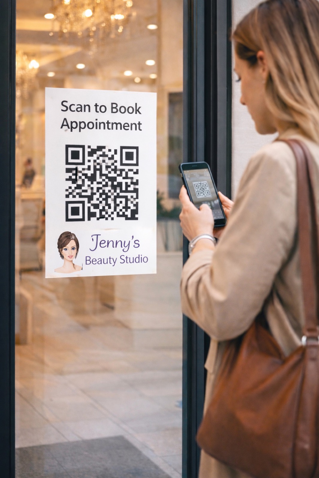 A woman outside a beauty salon scanning a scan to book appointment poster in the window with her phone.