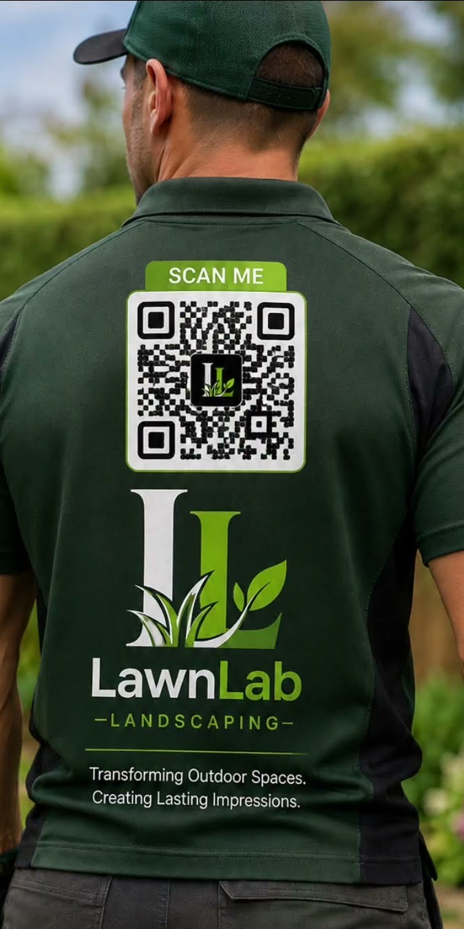 A landscaper seen from behind, a QR code printed across the back of his green work shirt.