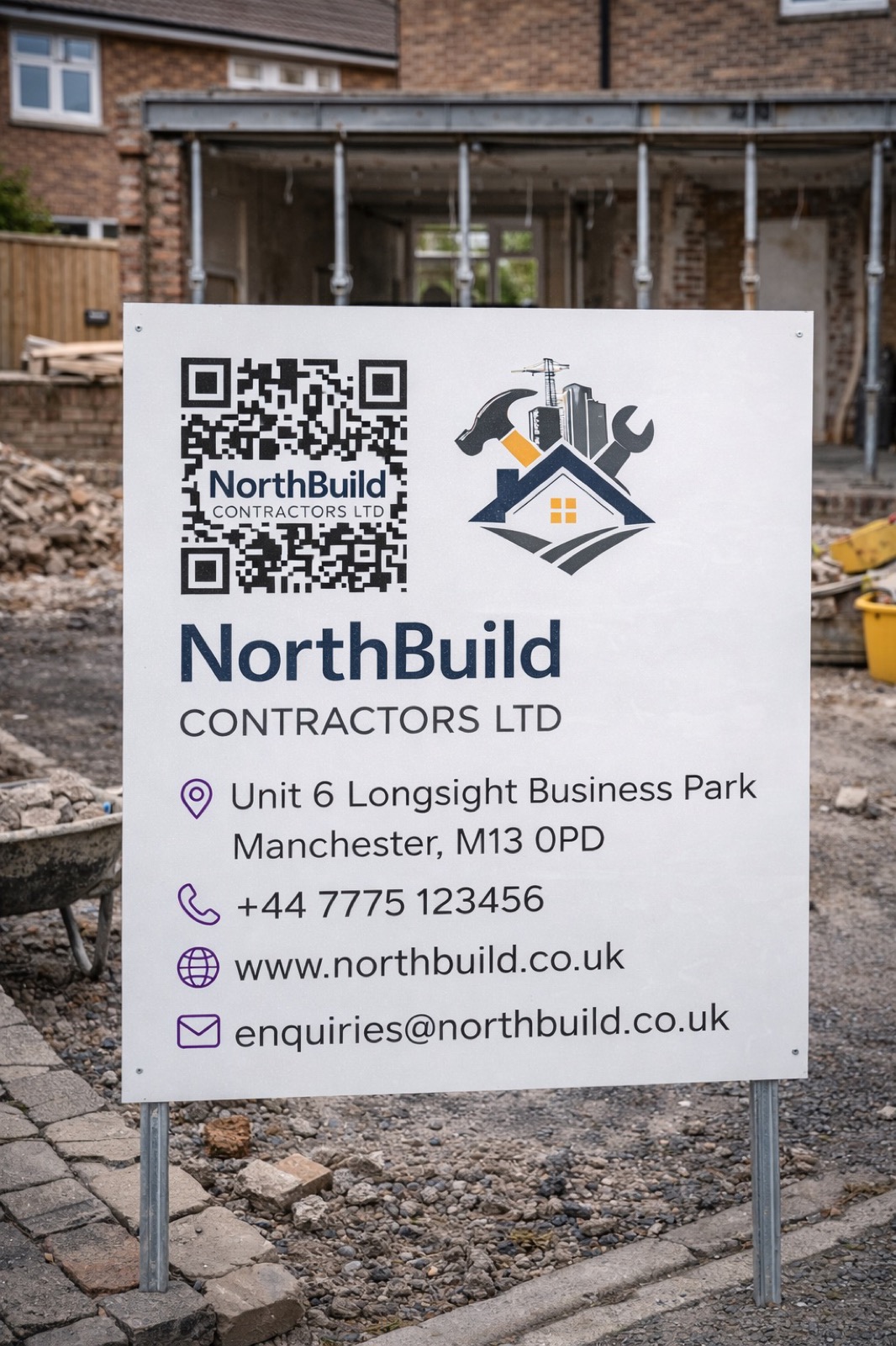 A builder's site board outside a house extension, with the company name, contact details and a QR code.