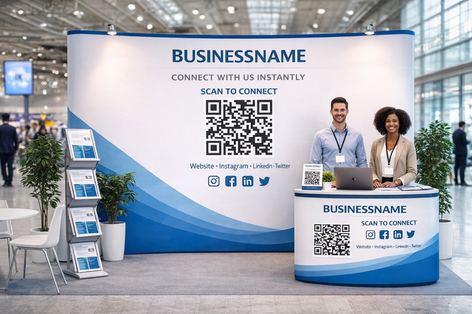 Two people on an exhibition stand, a large scan to connect QR code on the backdrop behind them and another on the desk.
