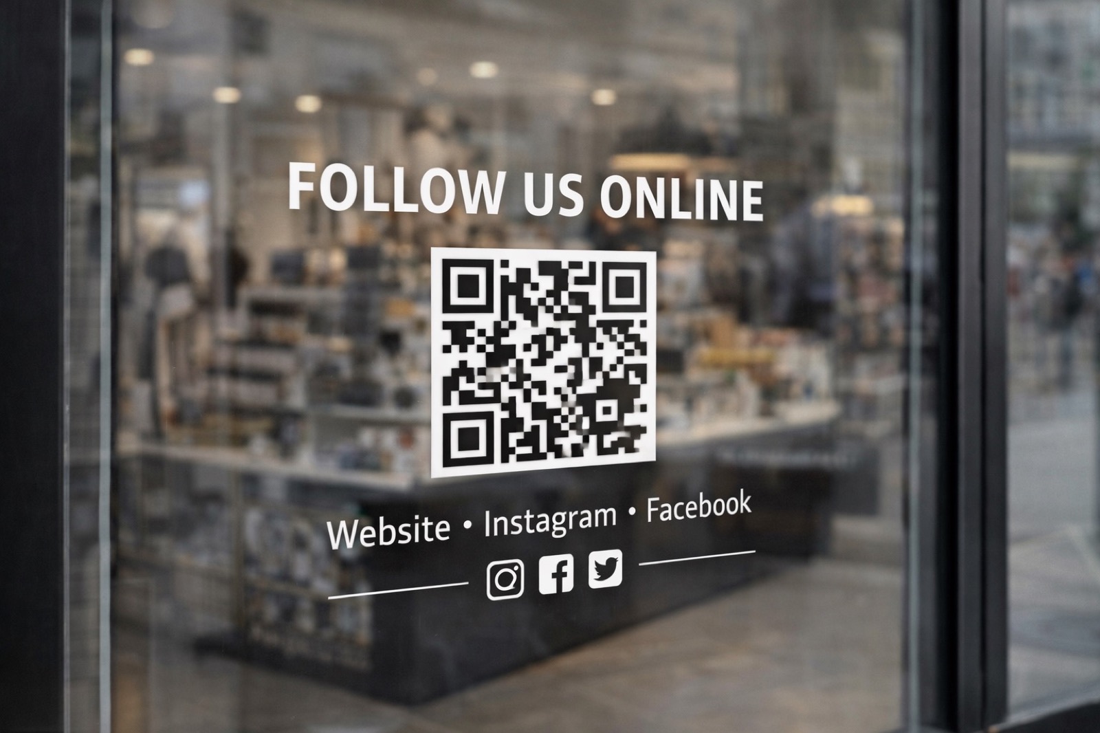 A shop window with a white follow us online sticker, a QR code and the words website, Instagram and Facebook.